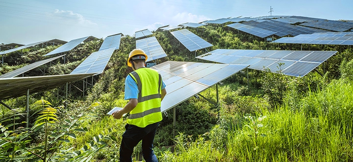 A man walking on a field with solar panels (photo)